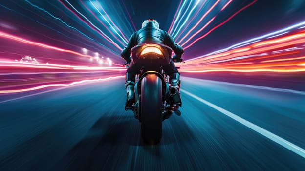 Back view of professional smart motorbike driver wearing helmet while driving in high speed surrounded with neon light at futuristic cityscape and skyscraper at night time. Blurring background. AIG42.