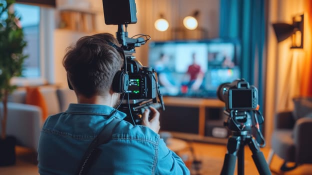 Professional skilled producer or camera man looking at monitor display video recording and taking video at studio. Energetic smart journalist conducting and taking video of interview section. AIG42.