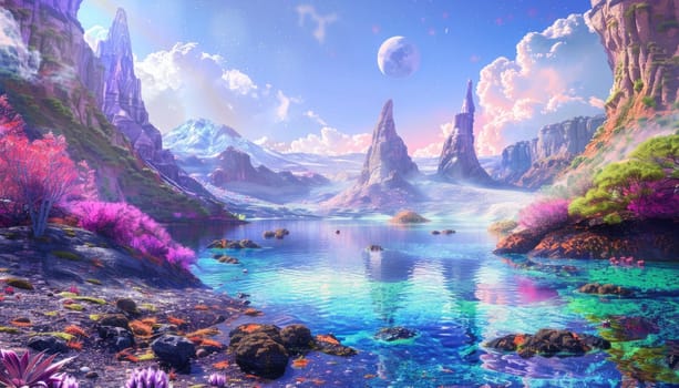 The fantasy landscape is stunning, with mountains, a serene river, and lush vegetation, creating a dreamy scenery AIG59