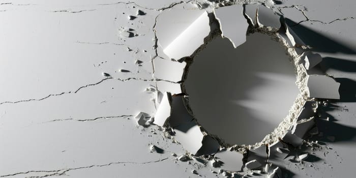 Close up view picture of the hollow white hole on the the wall that show the breaking part of the wall that has been made from strong material yet still can break to look through other side. AIGX03.