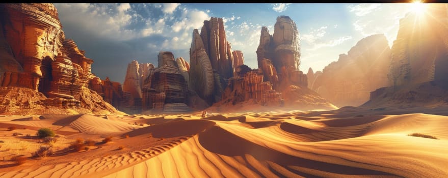 Breathtaking desert landscape at sunset featuring dramatic rock formations and a serene, golden sky. AIG59