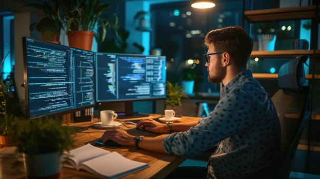 A software developer works on code late into the night, illuminated by the glow of multiple computer screens in a modern office. AIG41