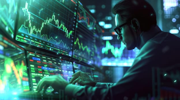 Smart investor making decision for investment in stock market. Skilled businessman typing and looking at monitor display financial statistic chart or stock market trading graph surrounded. AIG42.