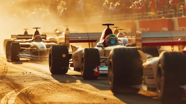 Group of racing car moving at high speed along racetrack with high speed. Racing car, propelled by the immense power of engine, hurtles down racetrack with incredible slicing through the air. AIG42.