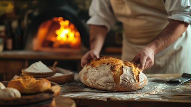 A man, wearing a hat, is preparing bread using ingredients in a bakery and cooking it with wood for a delicious dish. AIG41