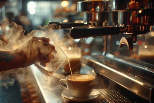 Photography of professional barista making a latte art at cozy coffee shop while pouring milk in coffee cup. Close up of skilled waiter standing behind the counter while preparing hot coffee. AIG42.