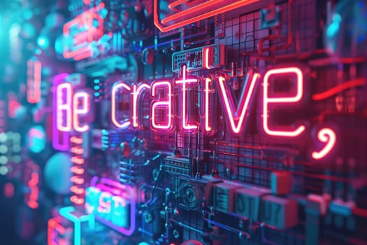 Letter of be creative in variant texture with bright light neon color in futuristic design with 3D design surrounded with high tower or electrical machine and big city at night. Scifi concept. AIG42.