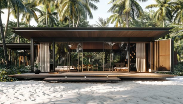 A stylish and contemporary bungalow in a lush tropical setting, boasting large glass walls and modern design. AIG59