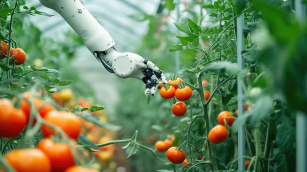 A robotic arm efficiently picks harvesting product, a type of vegetable, in a greenhouse to produce healthy and natural foods. AIG41