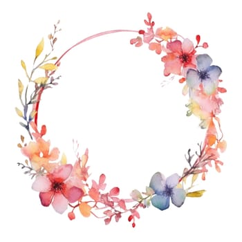 Fragrant and colorful flower frame arrange in geometric shape put wreath on white background emphasize the beautiful color of blossom, vivid and charming perfect for relaxed poster. AIG35.