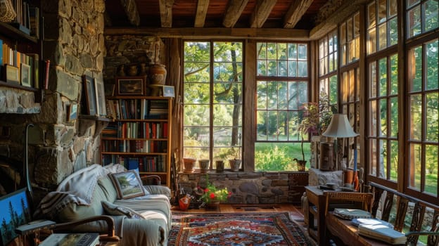 A rustic stone cottage featuring a cozy interior, large windows, and a stunning panoramic lake view. AIG59