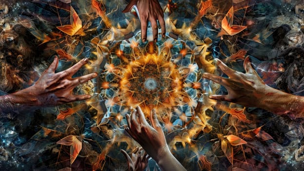 Diverse hands reaching towards the center in a circular formation. Top view of multicultural people putting hands together with stained colorful color. Unity, collaborate and teamwork concept. AIG53F.
