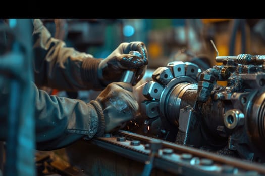 Smart engineer checking iron machine in factory while wearing safety helmet. Professional industrial worker repairing or examining machinery part or turbine machine while holding chart form. AIG42.