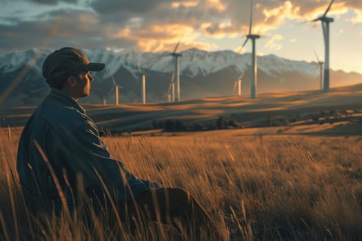 Electrical engineer working and looking at wind mill while wearing safety helmet and inspecting sustainable energy. Electrical technician checking or maintenance eco wind mill with blue sky. AIG42.