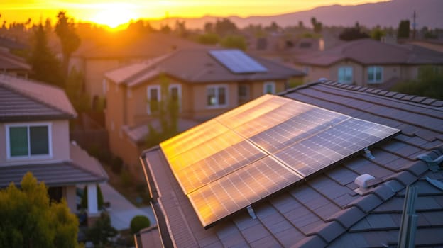 The sun sets behind a residential area equipped with solar panels, highlighting sustainable energy solutions in a suburban setting. AIG41