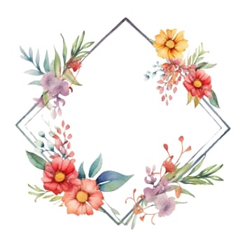 Fragrant and colorful flower frame arrange in geometric shape put wreath on white background emphasize the beautiful color of blossom, vivid and charming perfect for relaxed poster. AIG35.