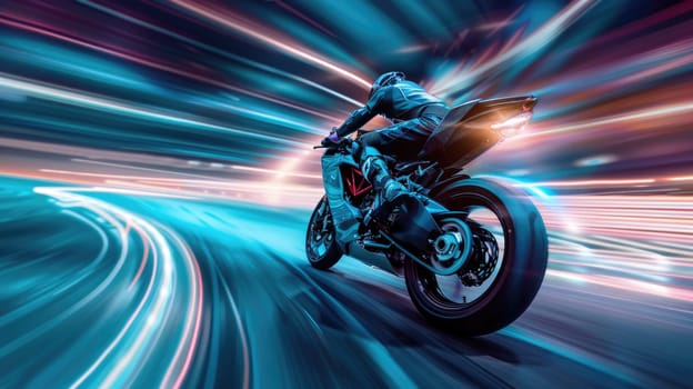 Back view of professional smart motorbike driver wearing helmet while driving in high speed surrounded with neon light at futuristic cityscape and skyscraper at night time. Blurring background. AIG42.