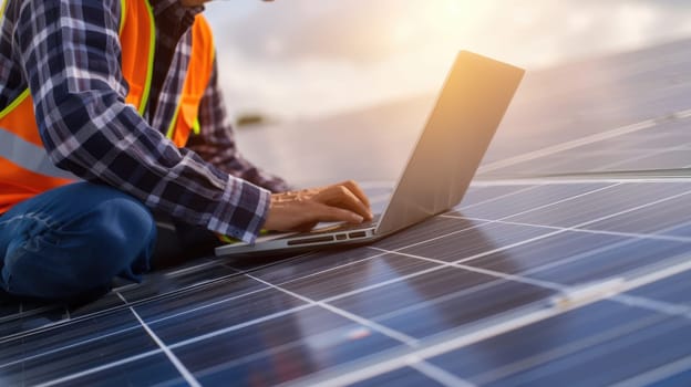 Skilled engineer working and analyze data by using laptop at solar cell. Professional technician and electrician working on computer while looking at electrical data and wearing safety helmet. AIG42.