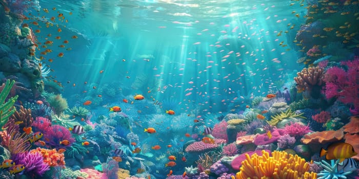 A stunning coral reef underwater, a vibrant ecosystem full of marine life, illuminated by sunlight filters AIG59