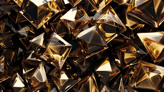 Abstract composition of gold and black cubes randomly stacked. Digital art of cube with gold and black color made from metal scatter around a dark background. Futuristic and geometric concept. AIG53F.