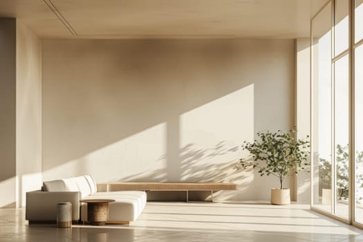 A image of interior of modern room with prop while sun ray shine at window show shadow with minimalism style. Light coming in from the window creates a bright and airy feel in the modern room. AIG42.