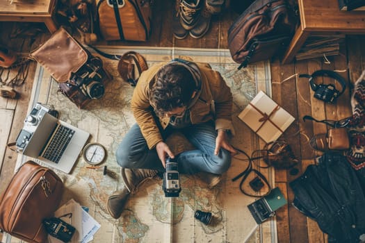 The picture of the young or adult caucasian male human focus and looking at the map of the world in the small room that has been filled with various object under the bright sun in the daytime. AIGX03.
