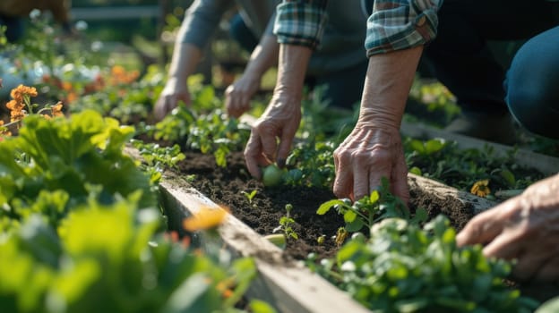 A group of people are collecting various plants such as flowers, grass, leaf vegetables, and shrubs in a garden. AIG41