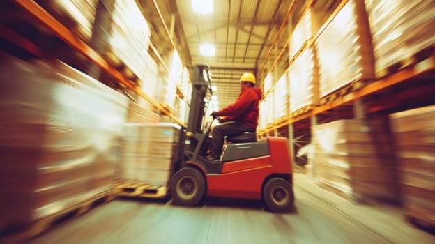 A man operates a forklift amidst shelving and fixtures in a warehouse, while moving wooden flooring for an upcoming event. AIG41