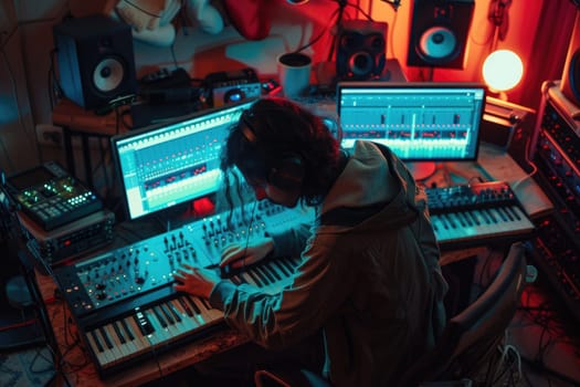 Professional energetic musician recording music while playing keyboard at modern music studio. Attractive music producer or sound engineer focus on listening demo song while mastering track. AIG42.