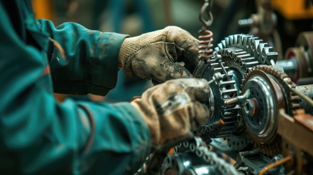 Close up of professional mechanic hand fixing and repairing machine while holding iron cog. Attractive technician learning and fixing gear at factory with blurring background. Maintenance. AIG42.