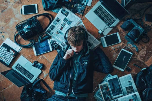 The top view of picture that about young scandinavian human that laying down and listening to the music and focused in the full of the thought and music with room that surrounded with devices. AIGX03.
