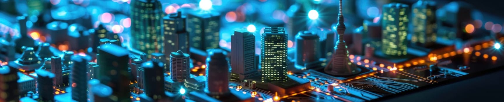 A conceptual visualization of a smart city with glowing structures on a digital circuit board, symbolizing urban technology integration concept. AIG41