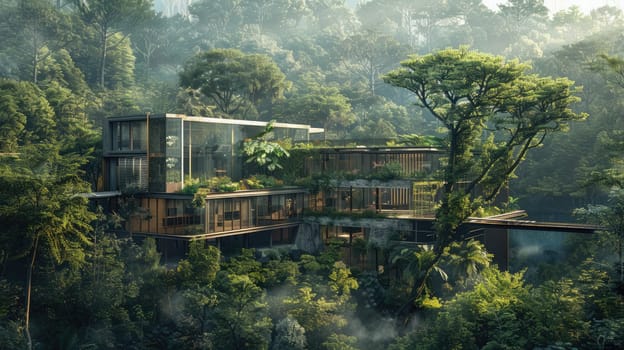 Luxurious retreat in misty green jungle, featuring a modern glass house blending seamlessly with the exotic environment AIG59