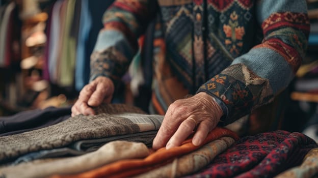 Close-up of a person's hands browsing through a colorful selection of clothing at a vintage fashion store. AIG41
