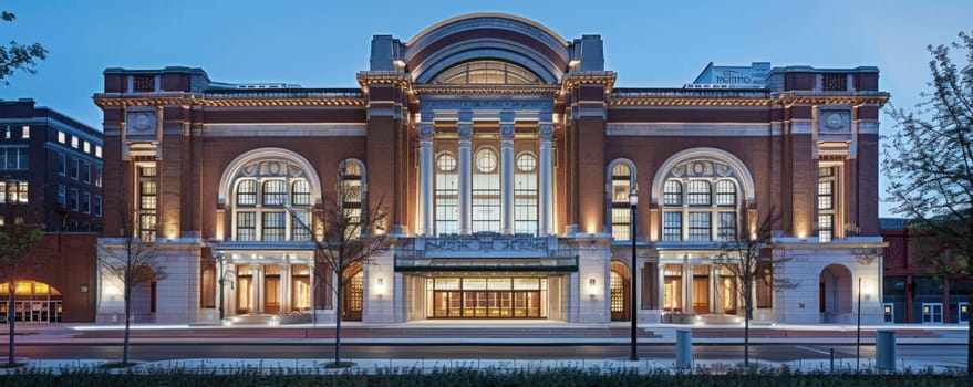 An Art Deco theater at dusk, illuminated with warm lights, showcasing historic architecture in the evening glow AIG59