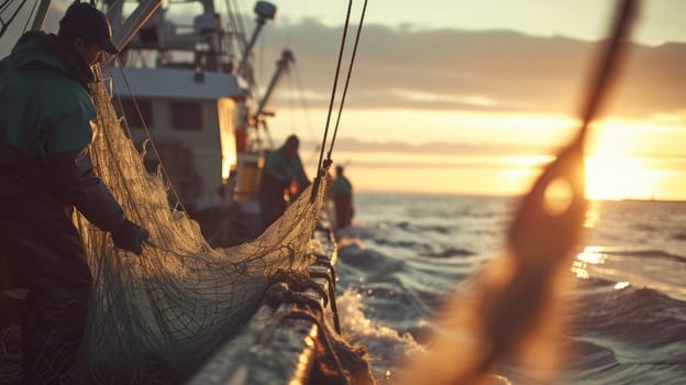 A group of fishermen enjoying the sunset while standing on a boat in the middle of the ocean, surrounded by water and the vast sky above. AIG41