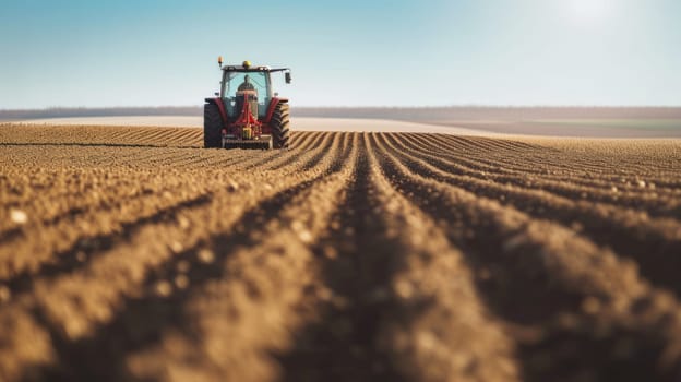 A modern tractor plows through an expansive agricultural field, preparing the soil for a new planting season under a clear sky. AIG41