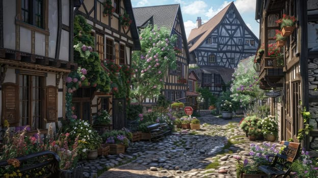 A picturesque medieval cobblestone street lined with historic halftimbered houses exudes charm and timeless beauty AIG59