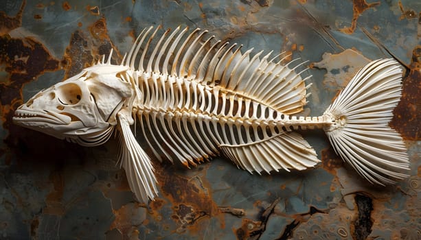 An electric blue fish skeleton rests on a rock underwater. This organism is a rayfinned fish, showcasing its fin and tail. A scene perfect for marine biology research or an aquarium exhibit