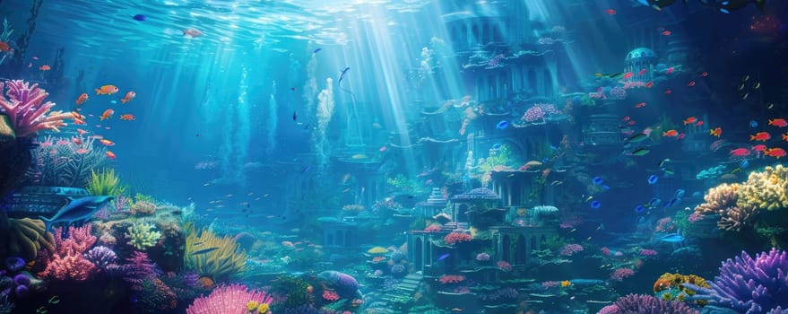An enchanting underwater scene showcasing city ruins, thriving marine life, and shimmering sunlight. AIG59