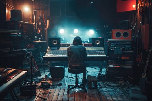 Professional happy musician recording music while thinking about rhyme at modern music studio. Attractive music producer or sound engineer focus on listening demo song while mastering track. AIG42.
