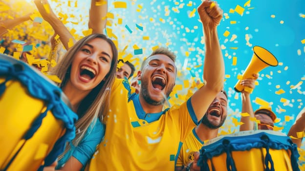 A joyful event filled with entertainment as a group of people hold membranophone instruments, drums, and confetti at the stadium. AIG41