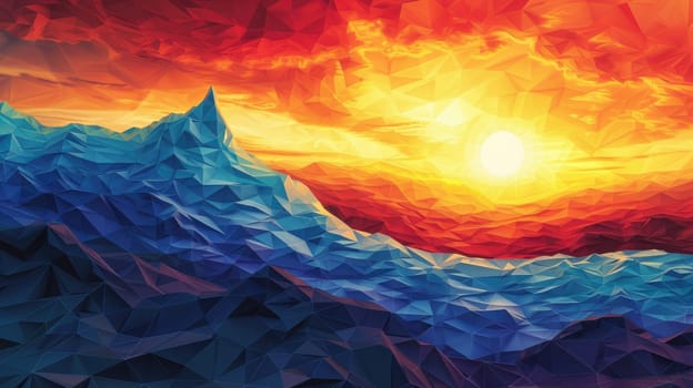 Abstract background landscape with mountain with vibrant sunset view. Colorful sunset over a mountain range. Colors range from deep blue in lighter shades of blue and purple further back. AIG42.