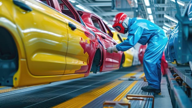 A man is working on a car in a factory, focusing on tires, wheels, automotive lighting, and design. AIG41
