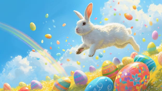 Cute happy big bunny with fluffy brown fur jumping over piles of colorful easter eggs. Playful rabbit with long ears hopping and surrounded with easter egg at garden with blue sky and rainbow. AIG42.