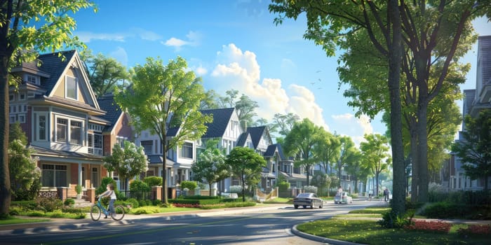 A serene suburban neighborhood street bathed in warm morning sunlight, with houses and trees lining the road. AIG59