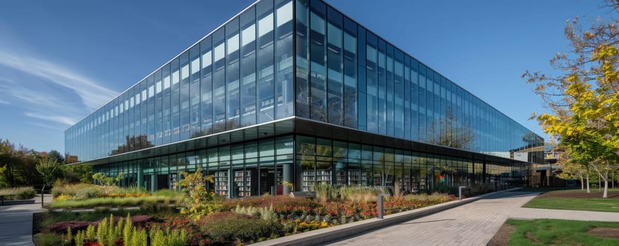 Modern office building with glass windows, lush green garden, and clear sky reflecting in the mirrors. AIG59
