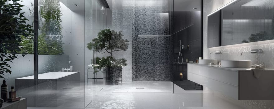 A modern, luxurious bathroom with glass walls, natural light, and a serene, spa-inspired atmosphere. AIG59