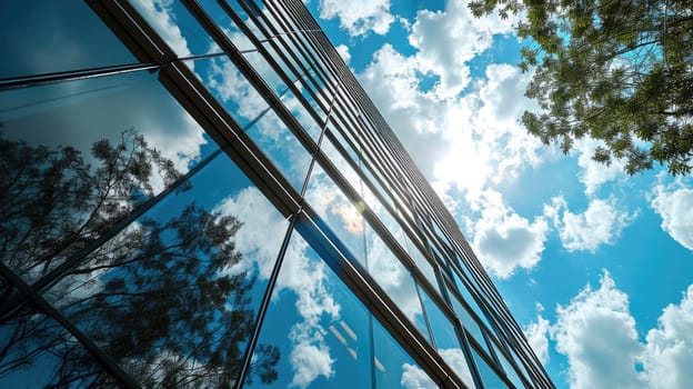 A big tall structure with an uncountable amount of the mirror or glass that reflect the of light by the bright sun and show what is on the other side of them that the picture of it so clear. AIGX03.
