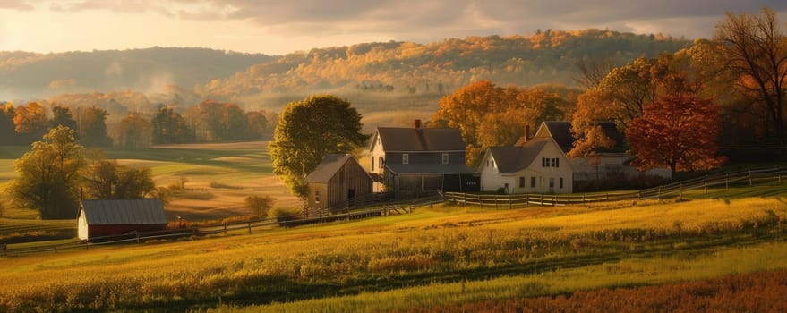 An enchanting rural farmhouse surrounded by lush green landscapes, trees, and peaceful atmosphere in an aerial view AIG59